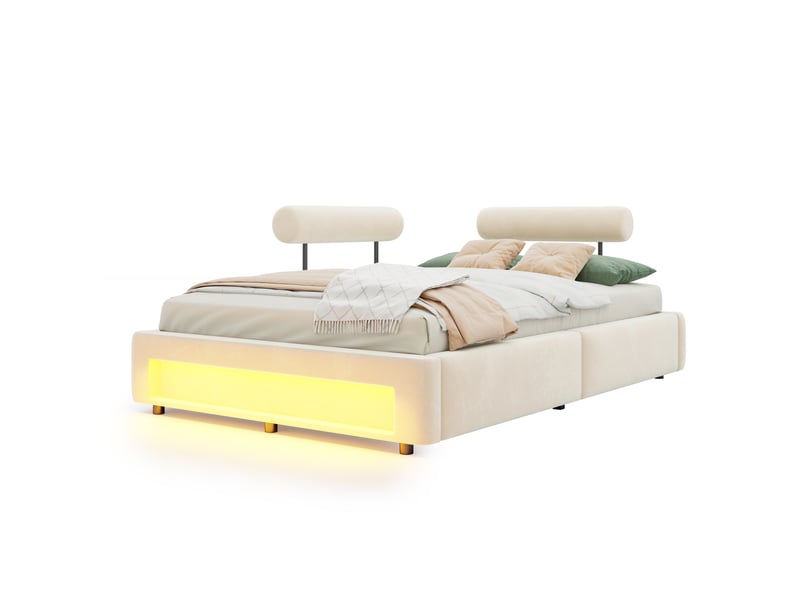  Lit enfant 140x200 cm coloris beige led velours  - Conforama A