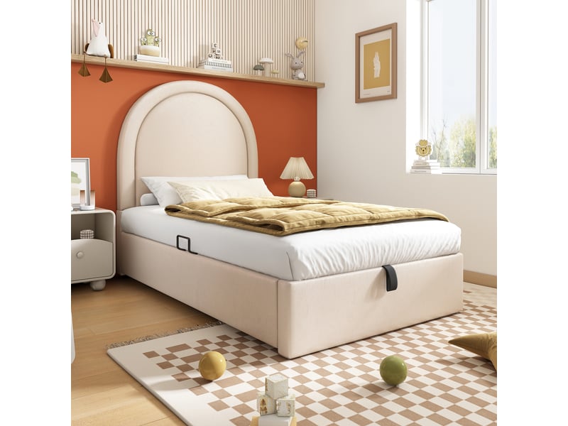  Lit coffre enfant, lit simple 90×190 cm avec rangement sous le couchage et tête de lit à motifs, sans matelas, beige  - Conforama B