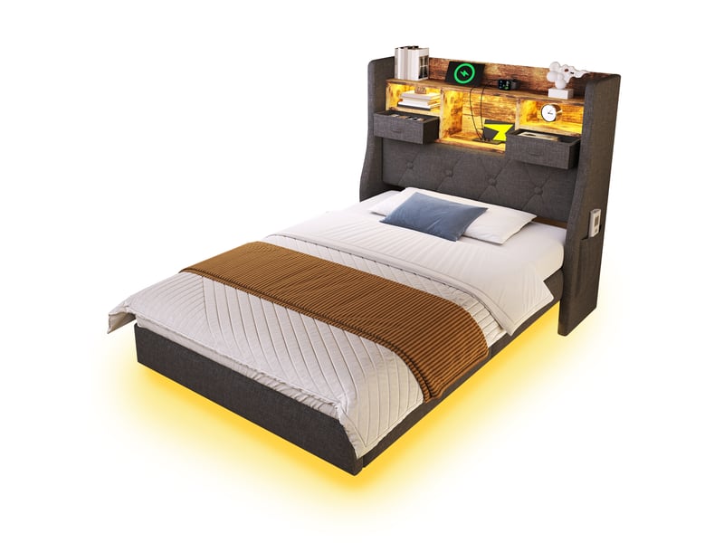  Lit simple, lit enfant 90x200 cm, rangement intégré, tête de lit avec rangement, led, usbusb-c, lin gris, matelas inclus  - Conforama W