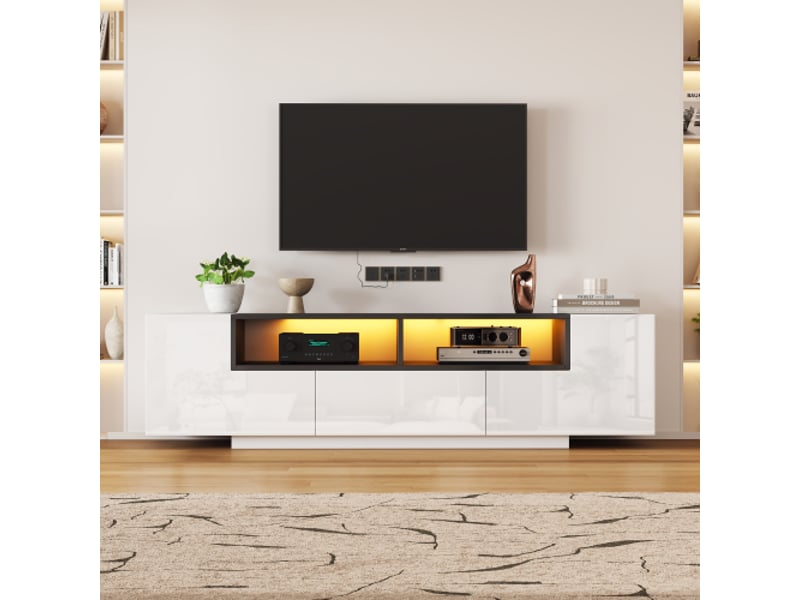 Meuble tv en l 180x40x48 cm — blanc et noir laqué brillant, led intégrée, tiroirs, compatible tv jusqu'à 75 pouces - Conforama B