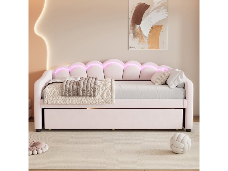  Lit banquette velours rose 90x200 avec lit d'appoint gigogne et éclairage led multicolore, sans matelas  - Conforama B