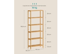Étagère de rangement multifonction 26 x 60 x 160,9 cm pour entrée salle de bain balcon cuisine en bambou beige naturel 12_0012382