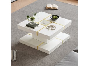 Table basse carrée 80x80x38 cm à 2 niveaux, double plateau avec niche centrale, bordures métal doré, panneau de particules blanc, pour salon