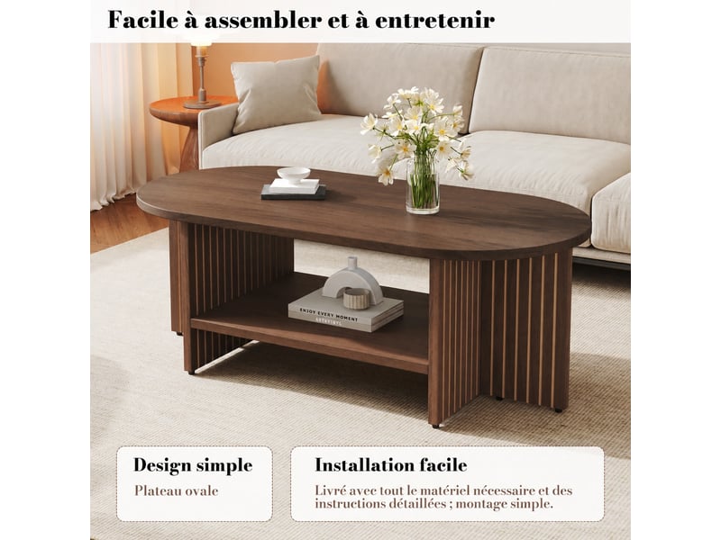  Table basse salon ovale 100x49x35 cm, table d'appoint design compact pour canapé chambre bureau, noyer  - Conforama B