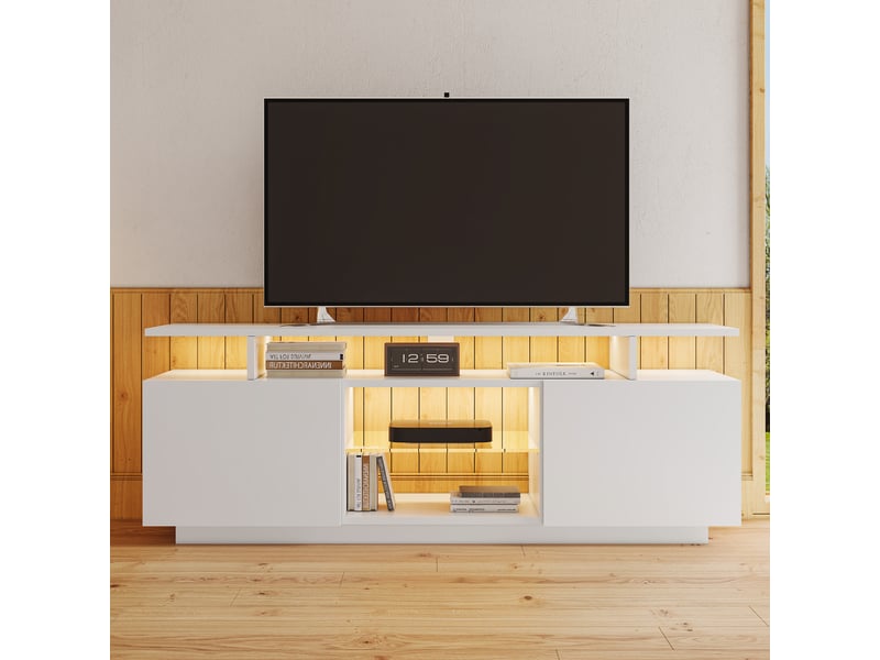 Meuble tv blanc avec led 16 couleurs 140 cm, portes haute brillance et niches en verre pour tv jusqu'à 60 pouces - Conforama B