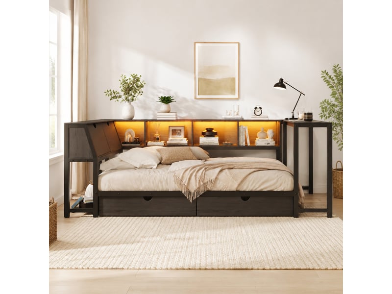 Lit simple 90×200 cm avec bureau, 2 tiroirs et led - sans matelas, mdf et métal - noir - Conforama C