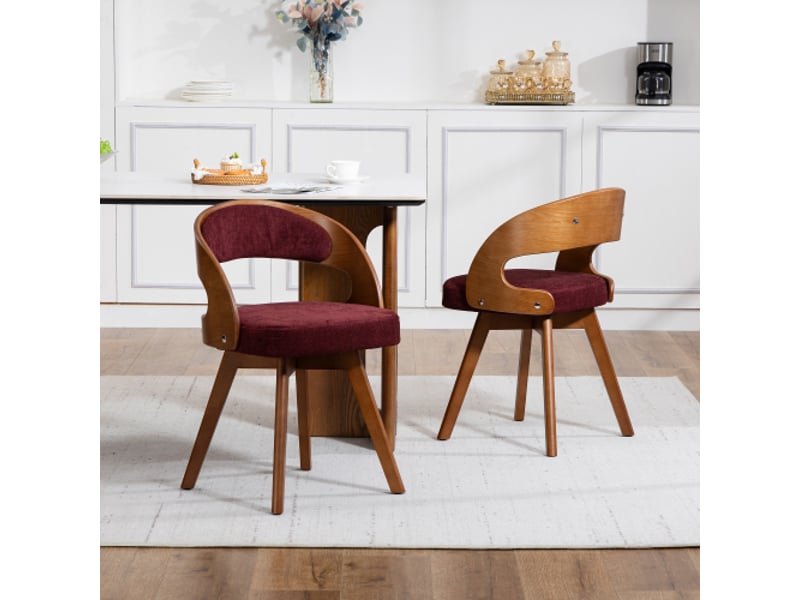 Ensemble de 2 chaises en bois modernes, sièges pivotants, dossiers incurvés, coussins coton-lin – wine red linen - Conforama B