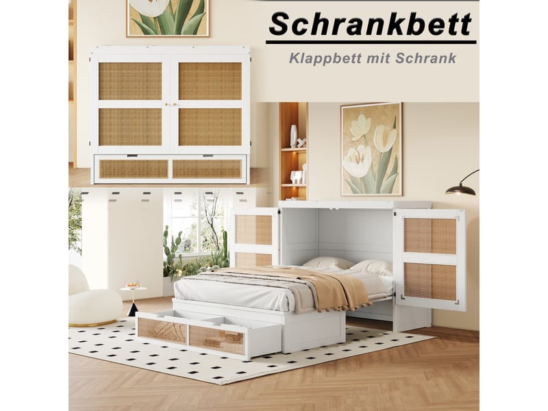  Lit mural rabattable 140 x 200 cm, bois blanc, lattes, tiroirs et rotin, gain de place  - Conforama E