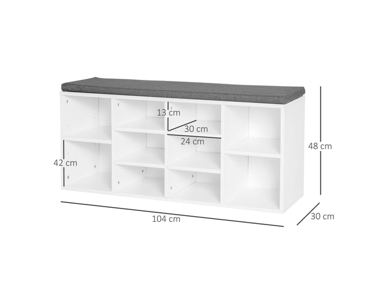  Banc à chaussures pour 8 à 10 paires, étagères réglables, bois, blanc, 104 x 30 x 48 cm  - Conforama E