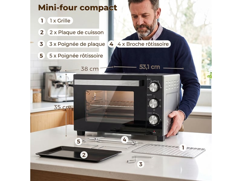  Mini-four avec broche rotative 36l 1500 w, four à convection multifonction, chaleur tournante, minuterie 60 min, argenté  - Conforama C