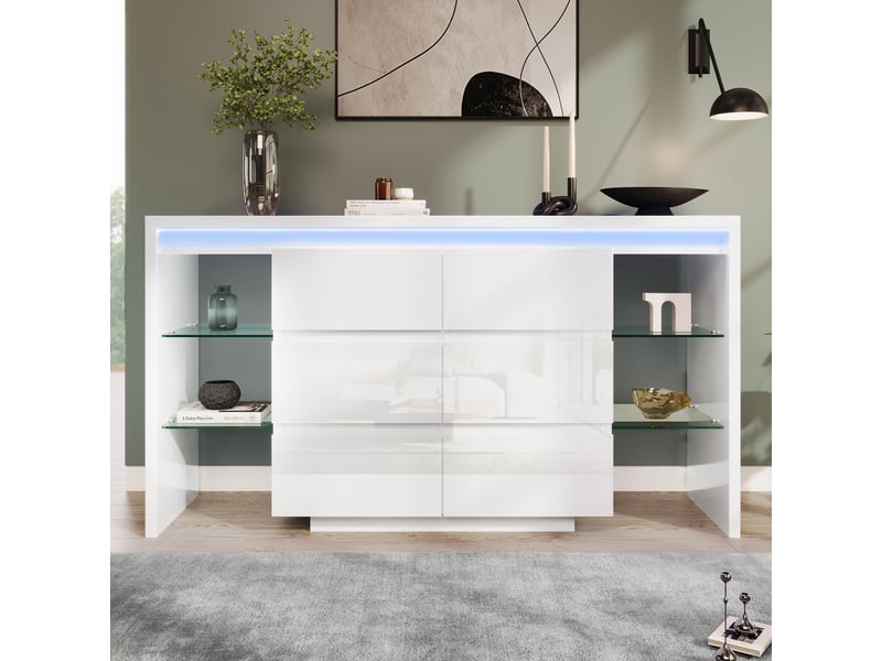 Buffet blanc brillant 155x40x80 cm avec led connectée, 6 tiroirs, étagères en verre, design moderne - Conforama B