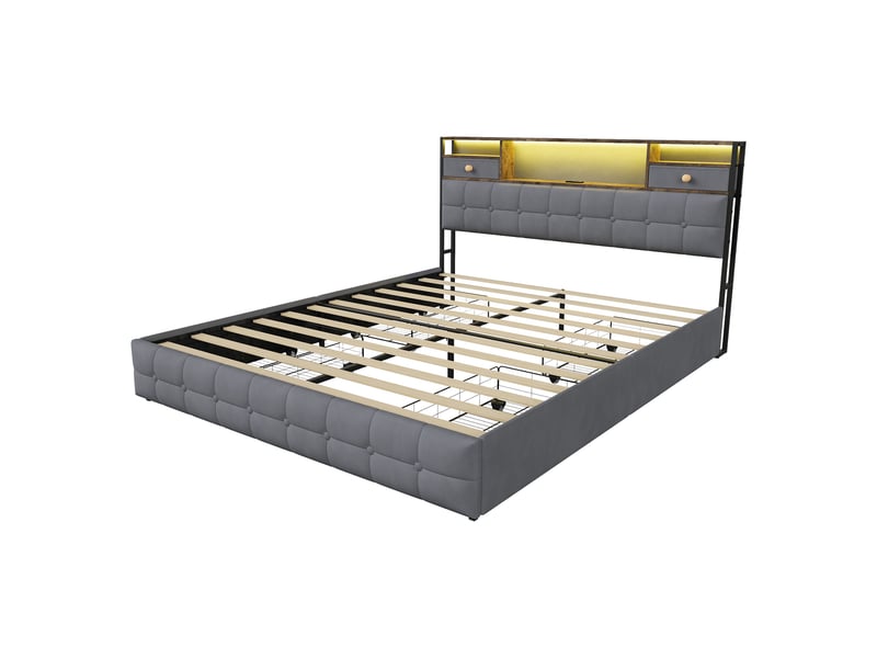  Lit 160x200 avec 4 tiroirs, lit adulte avec led rgb et ports de charge, lit double, tête de lit avec rangement intégré, tissu velours, moderne, gris  - Conforama D