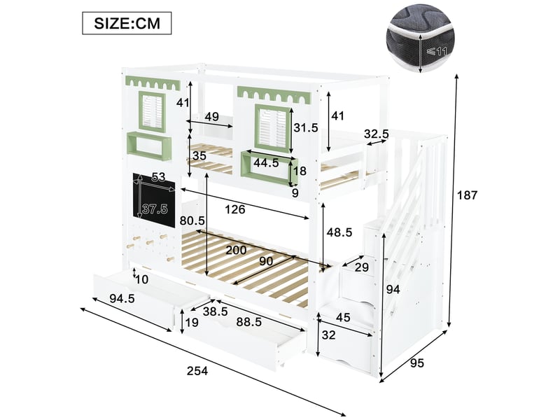  Lit superposé enfant 90x200 cm avec escalier de rangement, blanc et vert  - Conforama C