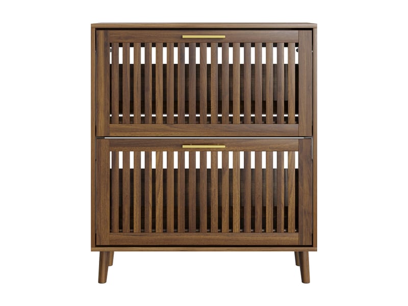  Meuble à chaussures 80 x 24 x 92.5 cm - 2 portes abattantes à grille – style mid-century modern -bois - noyer  - Conforama A