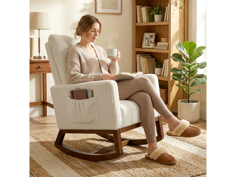  Fauteuil à bascule, rocking chair en flanelle neige rembourré, coussin lombaire, dossier haut, poches latérales, crème  - Conforama C