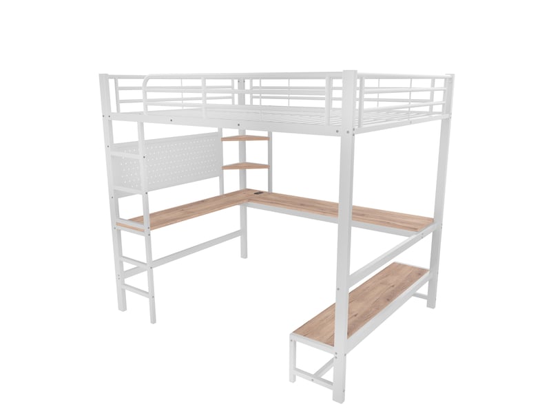Lit mezzanine avec bureau, led, usb type-c et rangements, métal blanc, 140x200 cm, sans matelas - Conforama E