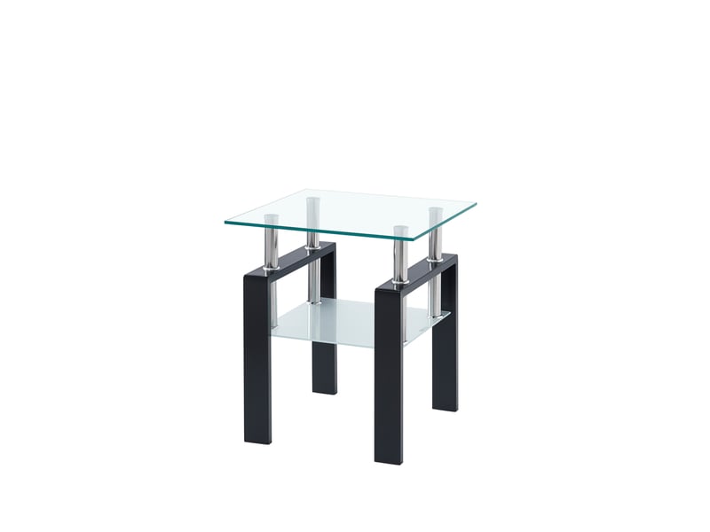  Table d'appoint  45 x 45 x 52 cm en verre trempé transparent avec étagère et pieds noirs  - Conforama E