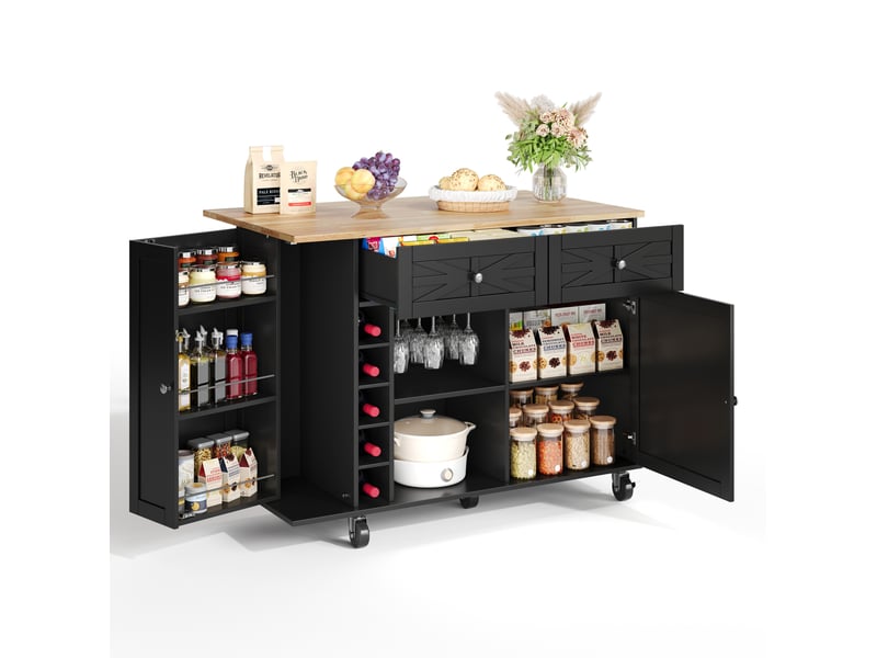  Îlot de cuisine avec plan de travail pliant, 5 roues verrouillables, étagère porte, étagère à vin et support verre, noir, 120 x 45(70) x 89 cm  - Conforama B