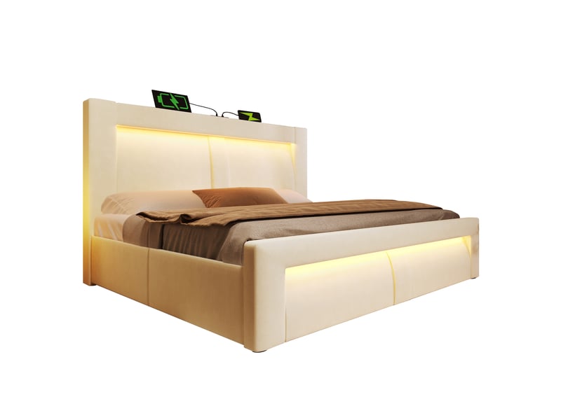  Lit double 180x200 cm avec rangement hydraulique, éclairage led, velours beige  - Conforama A