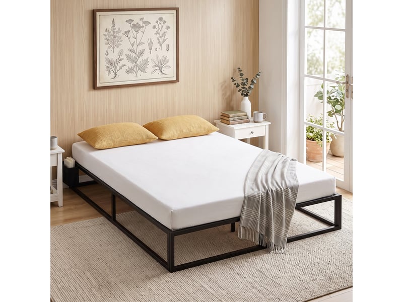  Sommier à lattes 140x190 cm sur pieds x 9 - lit double 2 pochettes rangement - métal noir  - Conforama D
