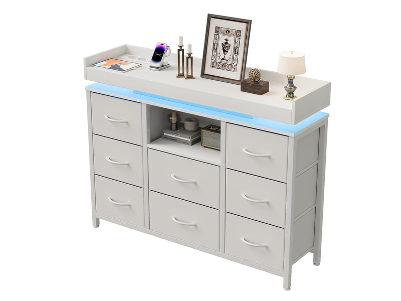  Commode avec 8 tiroirs en tissu,armoire avec led et station de recharge,cadre en métal,100x30x82cm,blanc,style moderne  - Conforama A