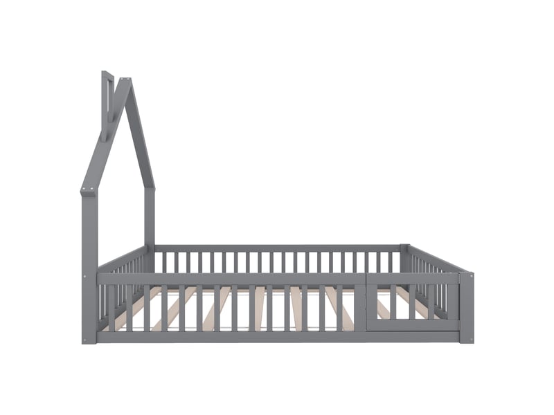  Lit enfant 140x200 cm forme cheminée avec barrières, pin et mdf, gris, sans matelas  - Conforama D