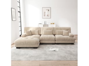 Canapé d'angle modulable 3 places en velours côtelé beige clair avec ottomans mobiles, confort profond au salon