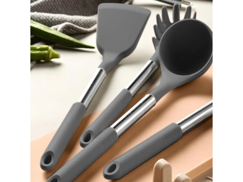 Service de 12 ustensiles de cuisine,meulva,35x12x12 cm,silicone et acier inoxydable,gris - Conforama D