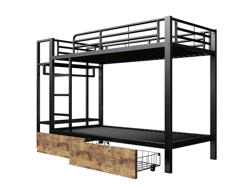  Lit superposé avec 2 tiroirs, étagères, led et penderie, métal noir, 90x200 cm, sans matelas  - Conforama D