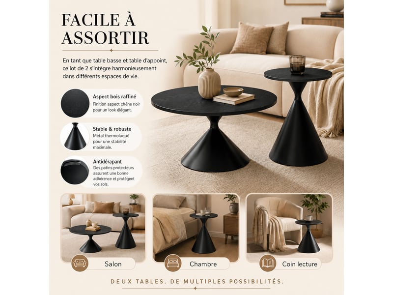  Lot de 2 tables basses gigognes rondes noir et design conique en métal solide  - Conforama E