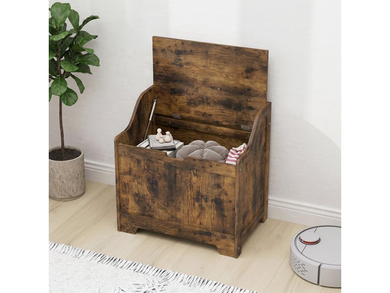  Coffre de rangement avec charnière de sécurité, coffre en bois avec poignée encastrée pour salon et entrée, brun rustique  - Conforama C