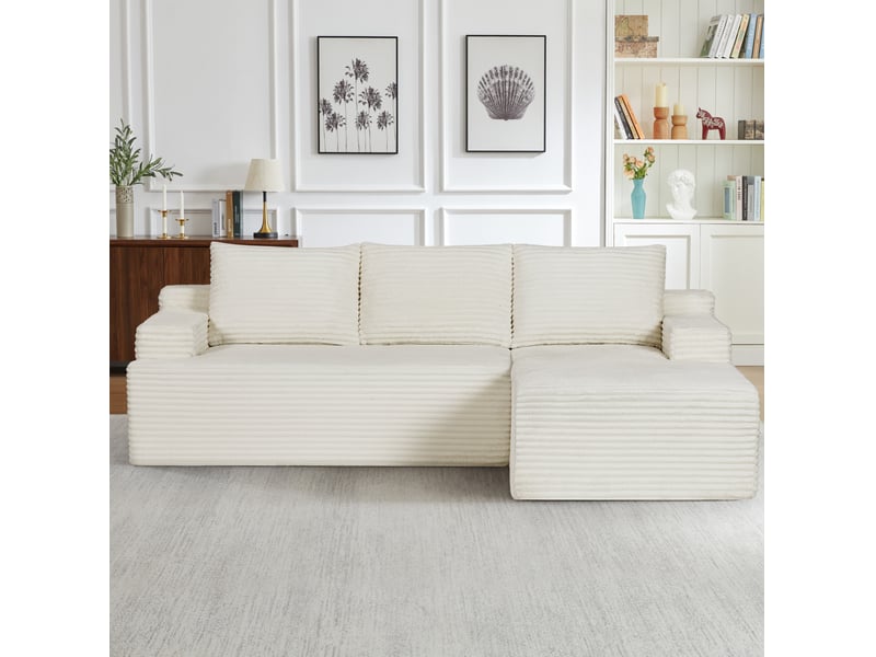  Canapé d'angle convertible 4 places en velours côtelé beige, méridienne droite, confort cloud pour le salon  - Conforama B