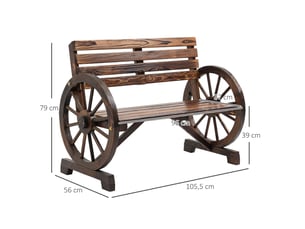 Banc de jardin 105,10x60x80, banc d'extérieur 2 places en bois de sapin massif, accoudoirs en forme de roue de chariot, brun rustique