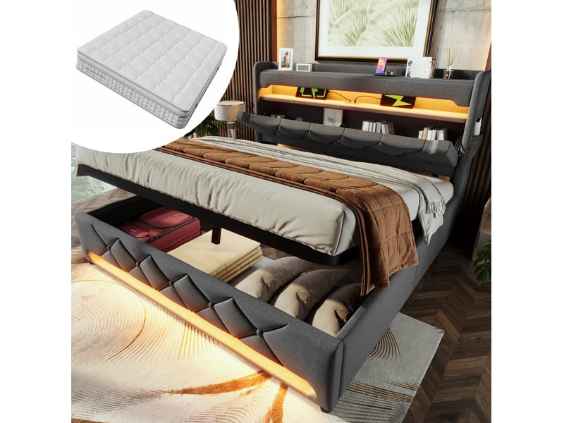 Elvmi lit double 180x200 cm en lin gris avec sommier coffre, tête de lit capitonnée avec rangements, 3 ports usb et 1 port type-c, éclairage led 360°, structure métallique, ouverture hydraulique et matelas 7 zones 25 cm  - Conforama B