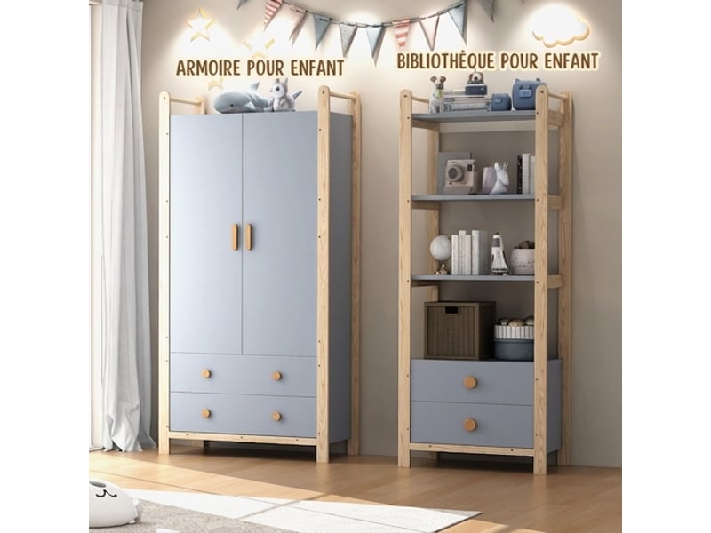  Ensemble armoire et étagère enfant en bois massif bleu et naturel, meuble de rangement 180 cm  - Conforama B