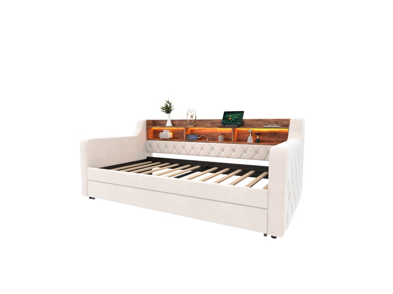  Canapé-lit convertible velours beige 90x190 cm avec rangement led usb-c cadre métal bois  - Conforama D