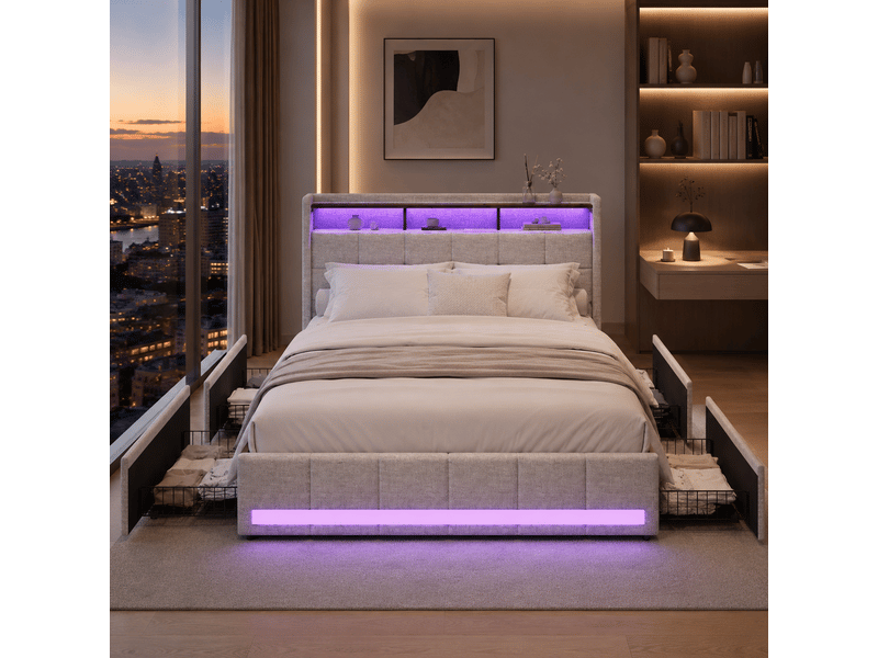  Lit double 160x200 avec led et tiroir, lit 2 personnes avec led et usb cadre de lit rembourré avec 4 tiroirs de rangement et tête de lit capitonnée pour adultes et adolescents lin beige, sans matelas  - Conforama B
