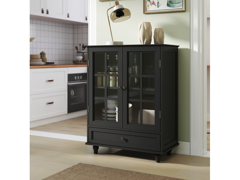  Buffet bas 71x38x93 cm avec 2 portes en verre de sécurité trempé et 1 tiroir en mdf couleur noir, moderne  - Conforama D