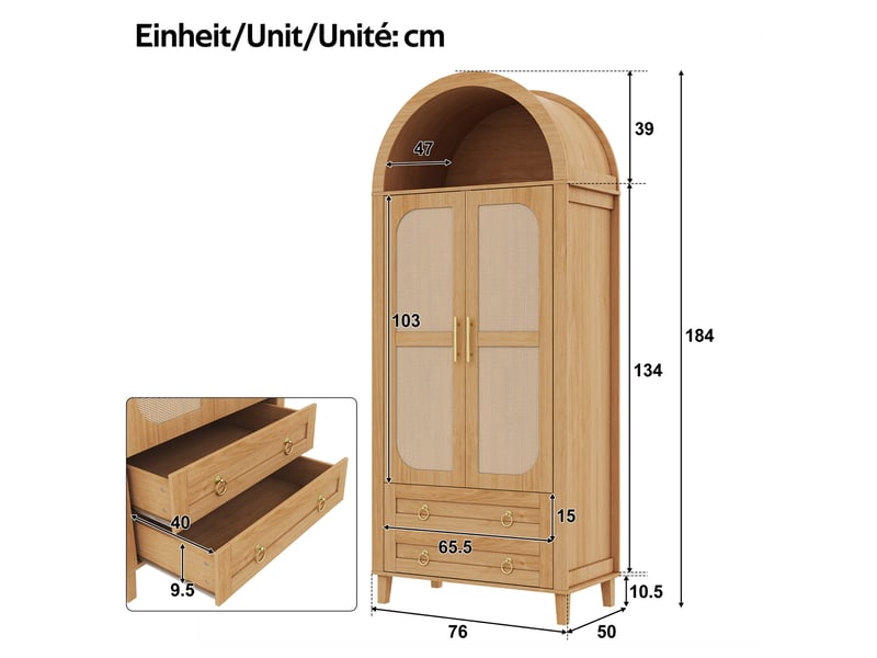  Armoire 2 portes 76x50x184 cm avec led et 2 tiroirs coloris naturel  - Conforama C