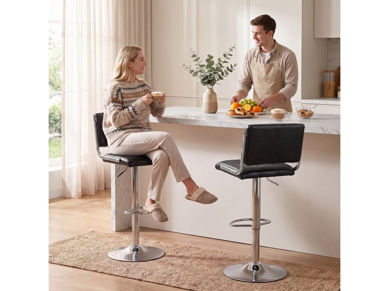  Lot de 2 tabourets de bar, hauteur réglable, pivotant 360°, siège rembourré, dossier et repose-pieds, noir  - Conforama C