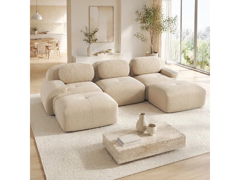  Canapé d'angle modulable modenvie 3 places en velours côtelé beige 298 x 178 x 70 cm  - Conforama D