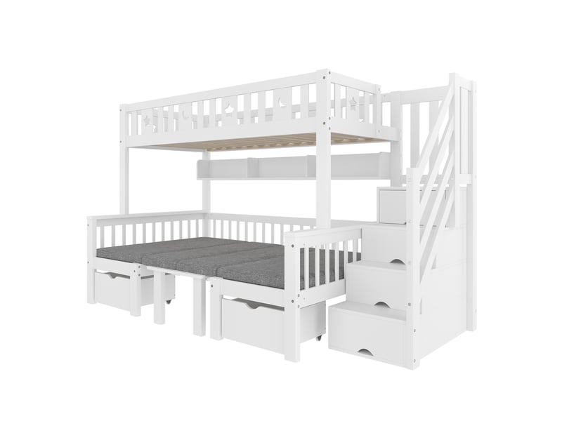  Lit mezzanine 2-en-1 avec bureau et escalier rangement, blanc, 90x200 cm  - Conforama E