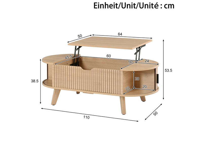  Table basse relevable avec 2 portes coulissantes, rangement caché et plateau hydraulique en mdf naturel pour salon  - Conforama C