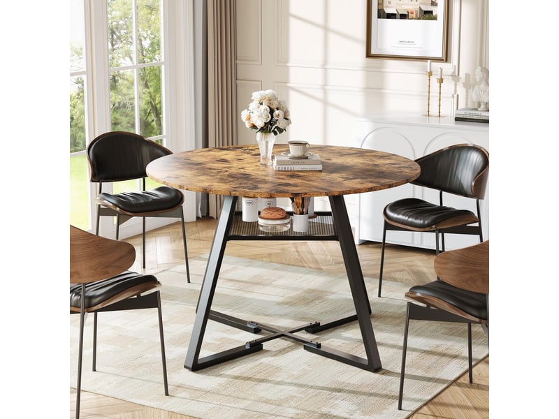  Table de salle à manger ronde - style industriel et vintage - avec étagère - pour 4-6 personnes - 120x120x75cm - bois  - Conforama C