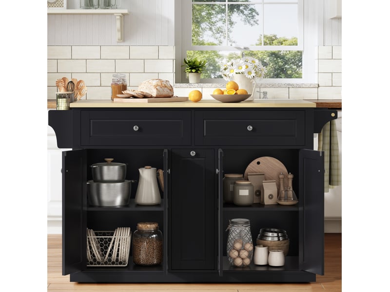 Desserte de cuisine mobile à plateau rabattable avec 4 tiroirs et roulettes verrouillables en mdf naturel et noir - Conforama D