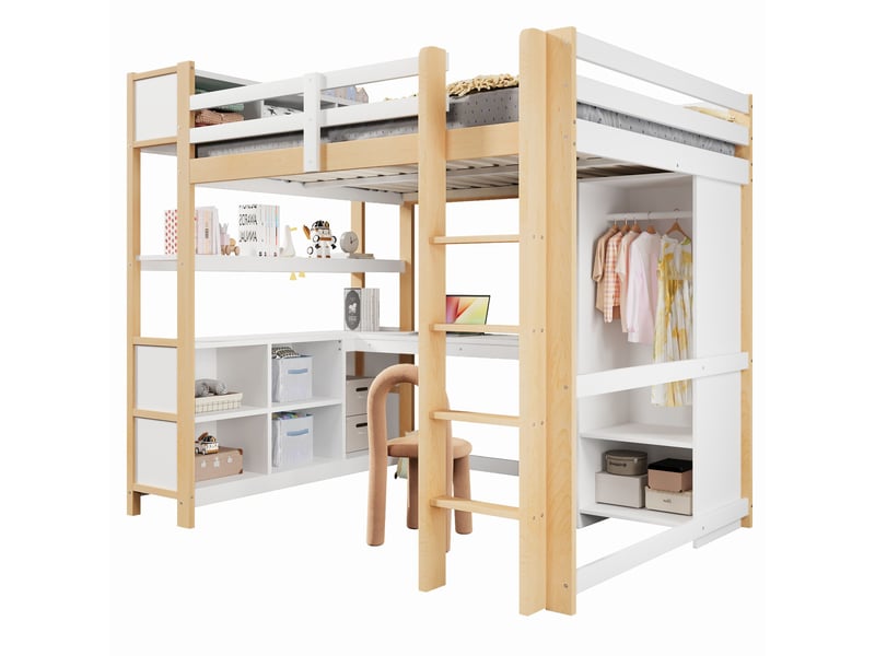 Lit mezzanine naturel 140x200cm avec rangement, bureau et étagères, sécurité renforcée, pratique - bois massif - pour enfant ado - Conforama A