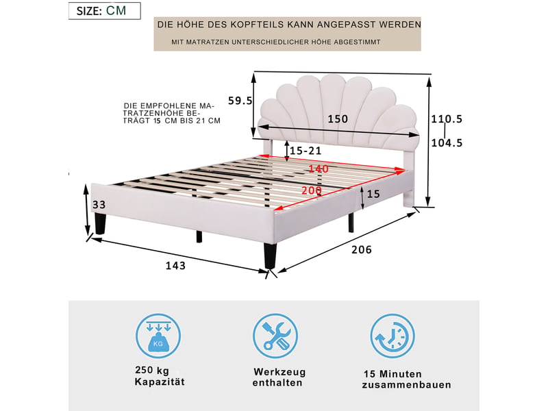  Lit double rembourré 2 places 140x200 cm avec tête de lit fleur capitonnée, sommier à lattes, cadre robuste, velours beige, adulte et adolescent  - Conforama D