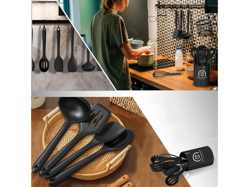  Set de 12 ustensiles de cuisine,meulva,33,5x12,5x12,5 cm,silicone,noir  - Conforama B