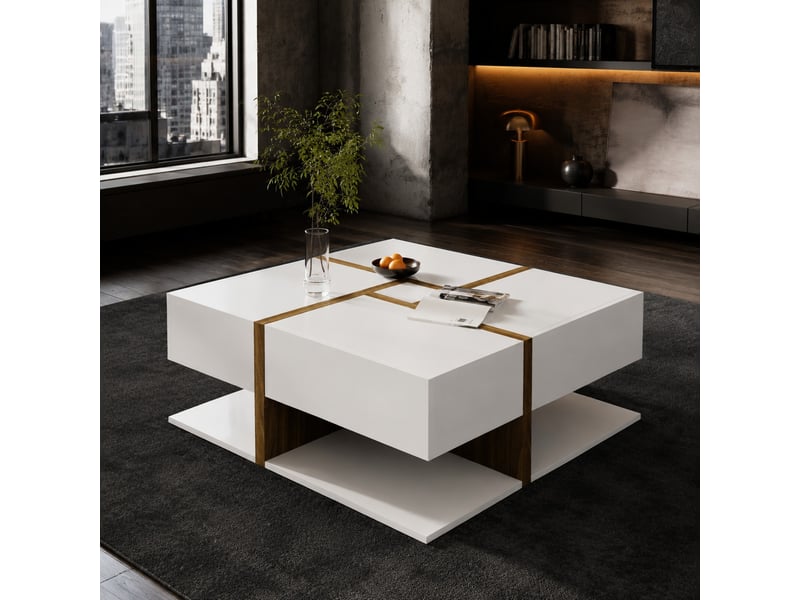  Table basse carrée avec 4 tiroirs et tablette inférieure, finition brillante blanche et ton bois, 78 × 78 × 34,8 cm  - Conforama B