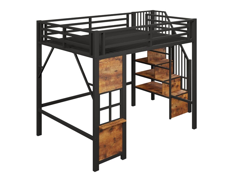  Lit mezzanine métal noir 140×200 cm avec échelle rangement, fenêtres et garde-corps  - Conforama E